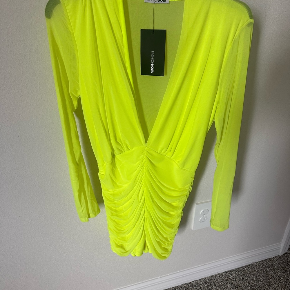 Fashion Nova Neon Yellow Ruched Dress